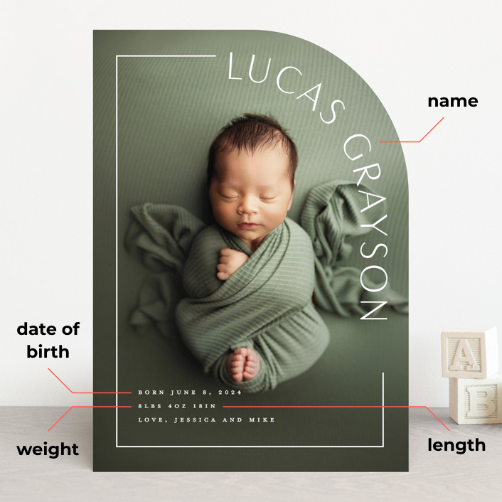 Birth announcement detail call-out, with DOB, weight, length, and name