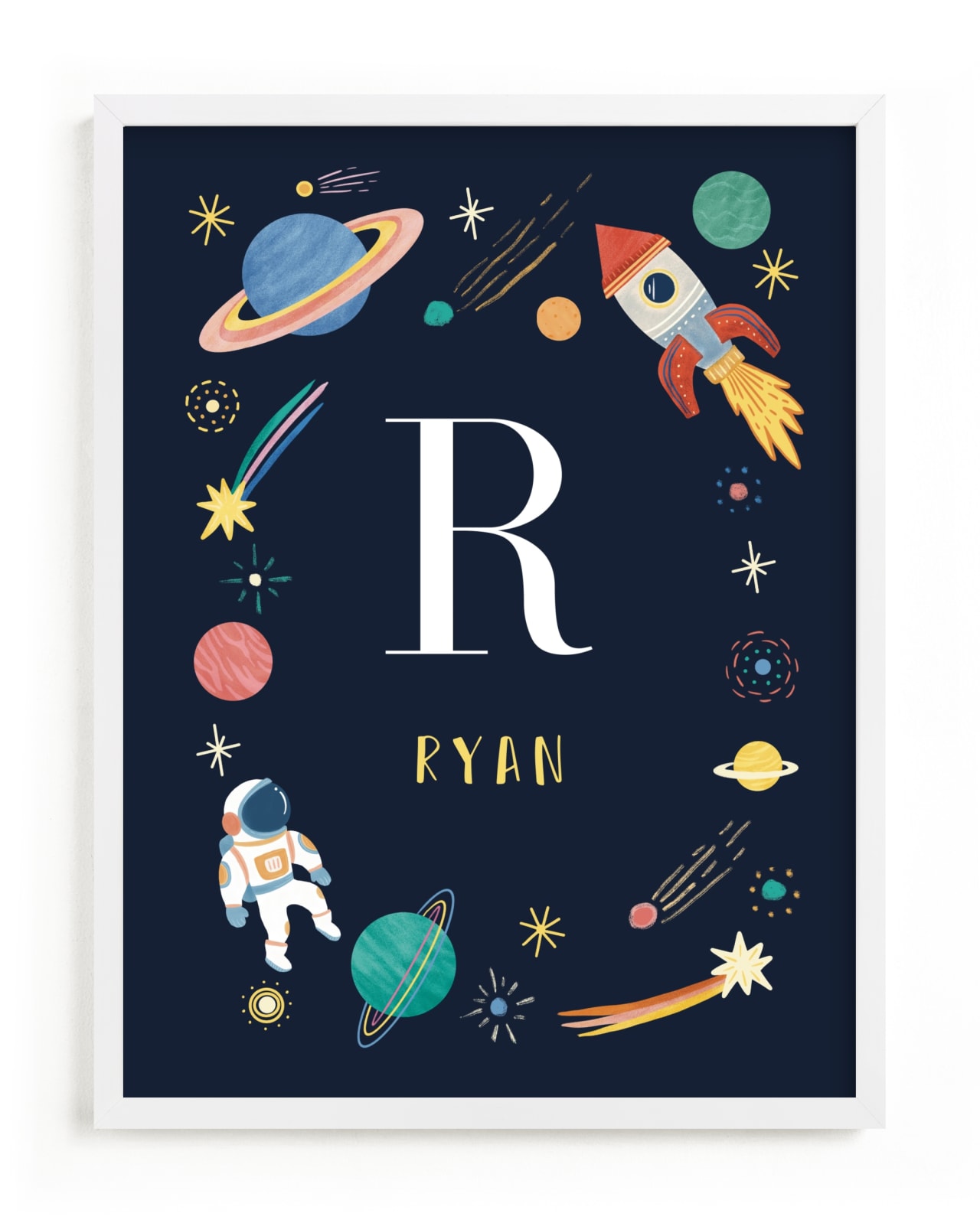 Spaceships, stars, moons, and planets surrounding the first letter of a name, with the full name below