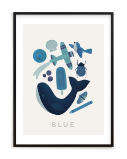 painted illustrations of ten blue things, including a whale, blueberries, crayon, bluebird, etc.