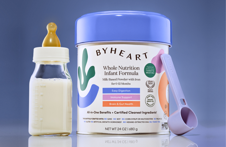 ByHeart formula can, bottle, and spoon