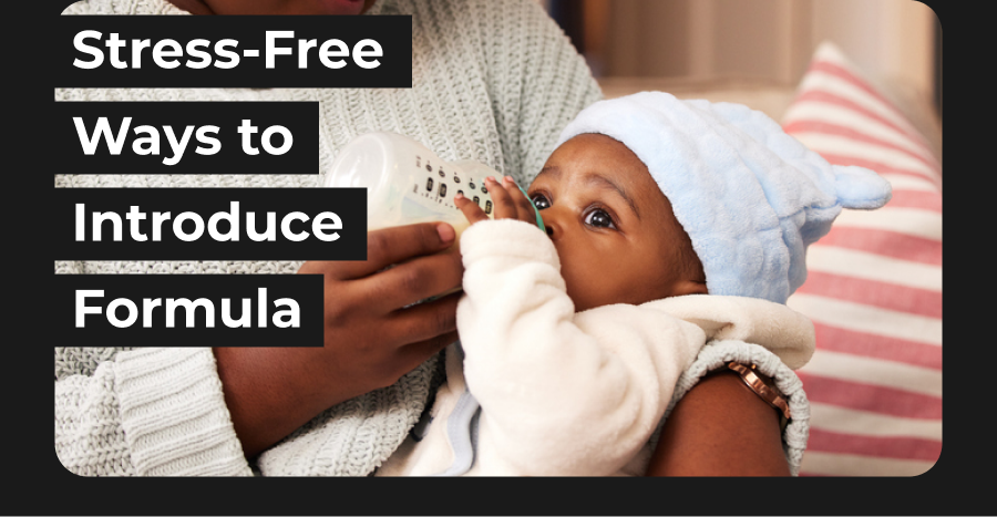 Mother feeding a baby formula from a bottle, with text: Stress-Free Ways to Introduce Formula
