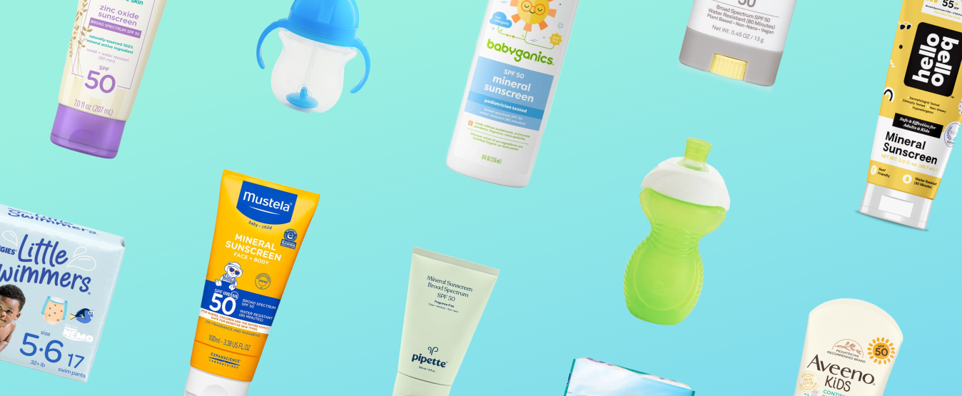 various products that you can purchase at CVS - mineral suncreens, toddler bottles, and swim diapers